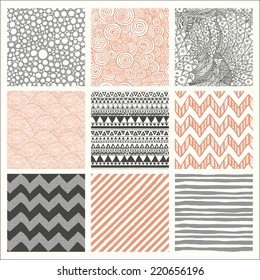 Set von neun abstrakten handgezeichneten, geometrischen, farblosen Hintergrundmustern. Vollständig bearbeitbare EPS-Datei mit Mustern Swatches