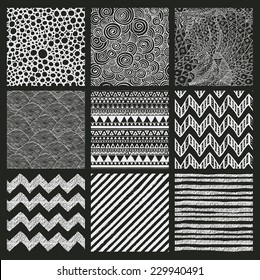 Set of Nine Abstract Hand Drawn Geometric Seamless Background Patterns. Chalk Drawing. Fully Editable file with Pattern Swatches