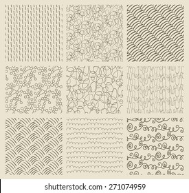 Set of Nine Abstract Hand Drawn Geometric Seamless Patterns. Fully Editable EPS file with Pattern Swatches. Vector Illustration. Transparent Background