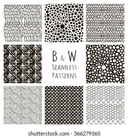 Set of Nine Abstract Hand Drawn Sketched Geometric Black Seamless Background Patterns. Fully Editable file with Pattern Swatches. Vector Illustration