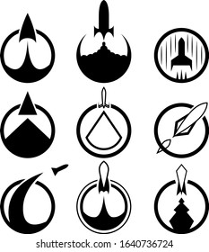 A set of nine abstract icons on the theme of space and cosmonautics day. Set of various aircraft rockets, shuttles, etc. Vector illustration.