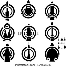 A set of nine abstract icons on the theme of space and cosmonautics day. Set of various aircraft rockets, shuttles, etc. Vector illustration.