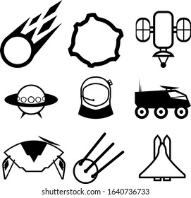 A set of nine abstract icons on the theme of space and cosmonautics day. Comet, unidentified flying object, lunar Rover, satellite, shatal, etc. Vector illustration.