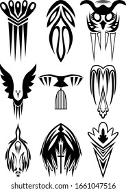 A set of nine abstract images of birds, feathers, and wings. A set designed for posters, websites, tattoos, and more. Vector illustration.