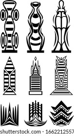 A set of nine abstract images of buildings of the future. A set of icons designed for posters, websites, and more. Vector illustration.