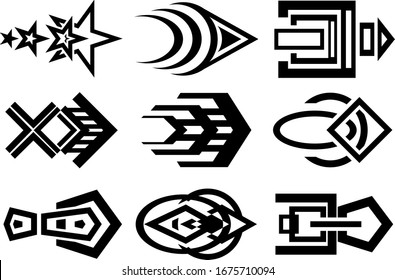 Set von neun abstrakten Bildern mit Richtungsbildern. Bilder für verschiedene Zwecke. Tattoo, Logos und mehr. Vektorillustration-Bild.