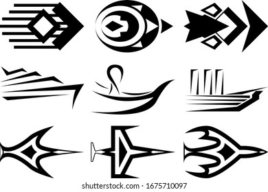 Set of nine abstract images of directional arrows. Images for various purposes. Tattoo, logos and more. Vector image.