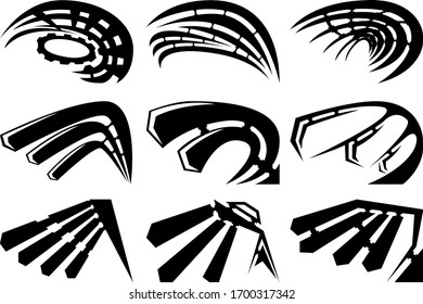 Set of nine abstract images of wings. Images for various purposes. Tattoo, logos and more. Vector image.