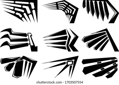 Set of nine abstract images of wings. Images for various purposes. Tattoo, logos and more. Vector image.