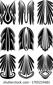 Set of nine abstract images of wings. Images for various purposes. Tattoo, logos and more. Vector image.
