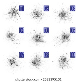 Conjunto de nove pincéis de manchas de tinta abstratos. Texturas de pulverização. Elementos de design Grime.