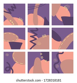 Conjunto de nueve orígenes abstractos aislados. Dibujaron a mano varias formas y objetos de garabatos. Ilustración vectorial contemporánea moderna. Tonos malva y rosa. Ilustración bursátil. Copiar espacio