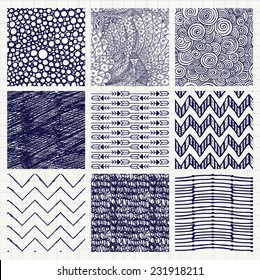 Set of Nine Abstract Pen Drawing Seamless Background Textures with Pattern Swatches.