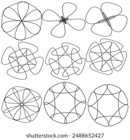 
set of nine abstract shapes outlined in black and white, vector