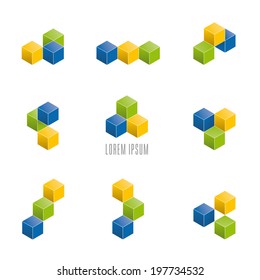 Set of nine abstract vector design elements made of three cubes. Easily editable with global color swatches.