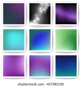 Set of nine abstract vector gradient backgrounds. Square. Photo filter. Blurred backdrop. Calm pastel fonds. 