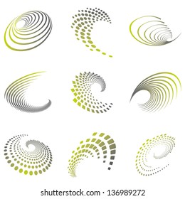 Set of nine abstract wave icons and geometric shapes in grey and green shades. Can be used for party, business, technology, sports, motion, promotion, etc.