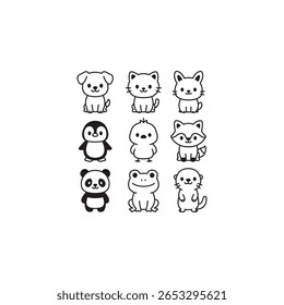 A set of nine adorable full-body animal characters in minimalist black and white line art style. Includes puppy, kitten, bunny, chick, penguin, fox, panda, frog, and otter.