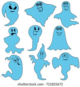 Set of nine amusing blue ghosts with various characters isolated on a white background, cartoon Halloween vector illustration