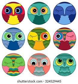 Set of nine amusing colorful owl faces placed in a circles and isolated on a white background, cartoon vector illustration as icons