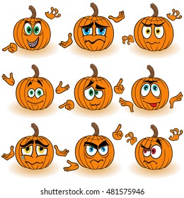 Set of nine amusing Halloween orange pumpkins that gesticulate with hands isolated on the white background, cartoon vector illustration
