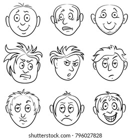 Set of nine amusing male grimaces, sketching cartoon vector outlines isolated on the white background