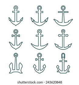 Set of Nine Anchors Silhouette vector illustration