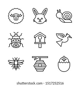 set of nine animal line style icon such icon as sheep, rabbit, snail, bee, chicks, bird, ladybug, bee hive, bird house, and other