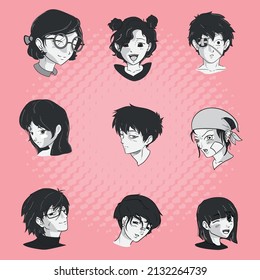 set of nine anime faces