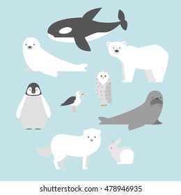 Set of nine arctic and antarctic animals. Polar bear, baby penguin, seal, walrus, arctic owl, white rabbit, fox, whale and sea gull