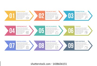 Set of nine arrows with numbers with place for your text, can be used as steps, options, process design, workflow, vector eps10 illustration