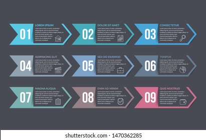 Set of nine arrows with numbers with place for your text, can be used as steps, options, process design, workflow, vector eps10 illustration