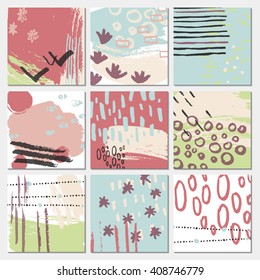 Set of nine artistic creative universal cards. Hand Drawn strokes and textures for wedding, anniversary, birthday, party. Universal design for poster, card, invitation, or flyer. Vector illustration.