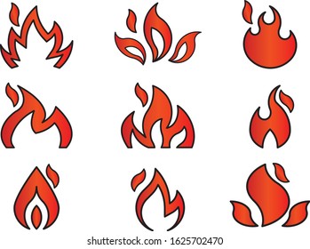 Set of nine assorted fire and flame illustrations and logos. Vector file for full customization.