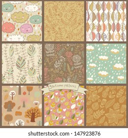 Set of nine autumn seamless patterns with rain clouds, leafs, flowers, trees. Cute vector backgrounds in warm retro colors. Seamless pattern can be used for wallpaper, pattern fills, surface textures