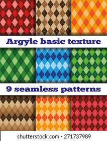 Set of nine basic patterns Argyle rhombuses. Multicolored rhombuses, seamless texture, vector