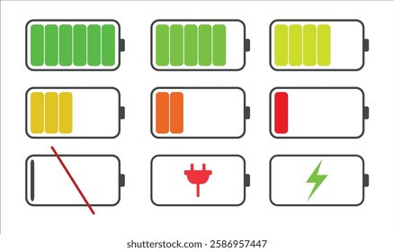 A set of nine battery icons, depicting various levels of battery power, from full to empty.