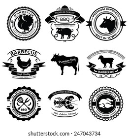Set of nine BBQ labels with animals silhouettes.