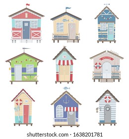 Set of nine beach stilt houses isolated on a white background. Vector illustration.