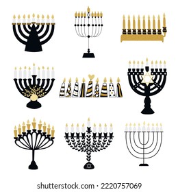 Set von neun schönen Hanukka Menorahs. Dekorative Elemente des jüdischen Urlaubs Hanukka