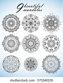 Set with nine beautiful mandalas. Vector ornaments for your design.