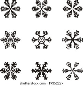 Un conjunto de nueve hermosos copos de nieve, serie de ilustraciones vectoriales.