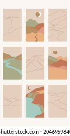 Conjunto de nueve hermosos paisajes verticales abstractos mínimos, fondos o plantillas de tarjetas en colores modernos, en estilo de arte popular