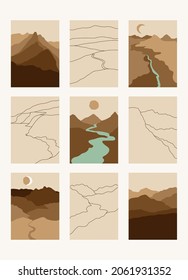 Conjunto de nueve hermosos paisajes verticales abstractos mínimos, fondos o plantillas de tarjetas en colores modernos, ilustración vectorial en estilo de arte popular