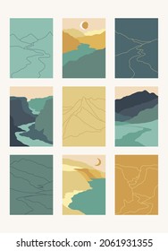 Conjunto de nueve hermosos paisajes verticales abstractos mínimos, fondos o plantillas de tarjetas en colores modernos, ilustración vectorial en estilo de arte popular
