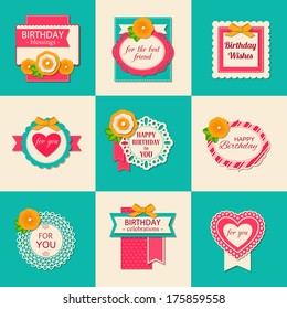 Set Of Nine Birthday Backgrounds With Paper Flowers And Scrapbook Elements. Vector Illustration