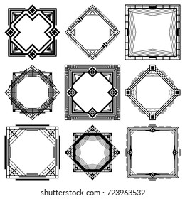 Set of nine black art deco frames on white. Template for design. Vector illustration eps10