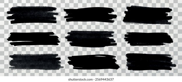 Set of nine black brush strokes on a transparent background. Brush strokes vary in thickness and texture. Ideal for design, art, and creative projects. Creative elements, vector set.