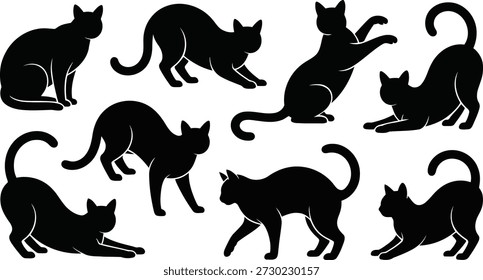 Ein Satz von neun Silhouetten schwarzer Katzen, die verschiedene Aktionen wie Sitzen, Strecken, Gehen und Spielen zeigen, einzeln auf Weiß.