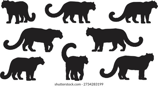Un conjunto de nueve siluetas de gato negro en varias poses y ángulos sobre un fondo blanco, destacando sus Formas y formas